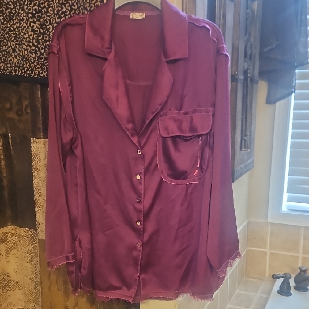 Free People Satin Pajama Top in Purple